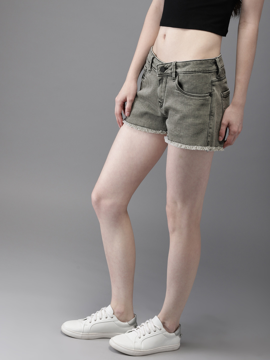 Buy HERE&NOW Women Grey Solid Regular Fit Denim Shorts Shorts for