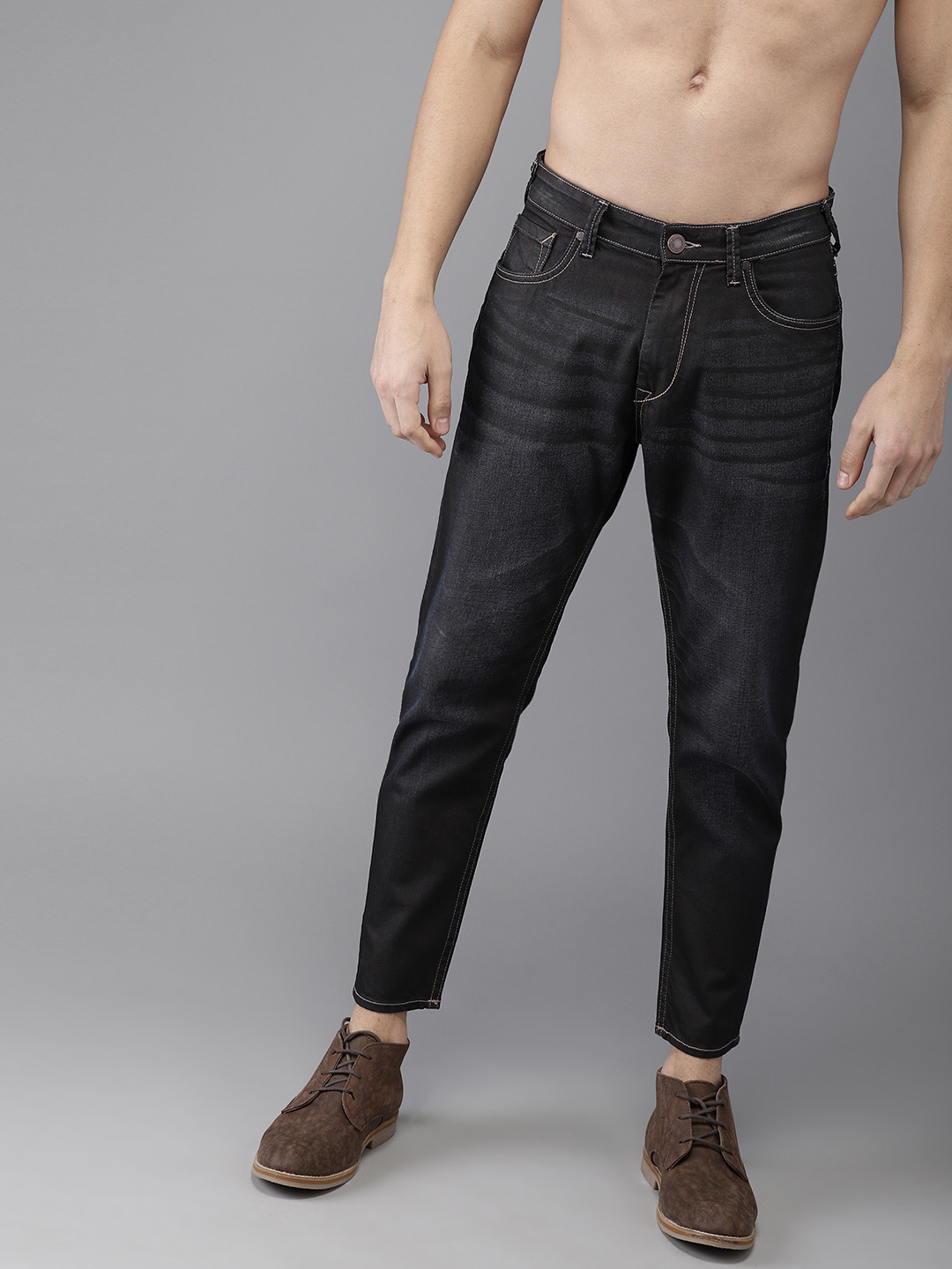 Buy HERE&NOW Men Charcoal Grey Slim Fit Mid Rise Clean Look Cropped