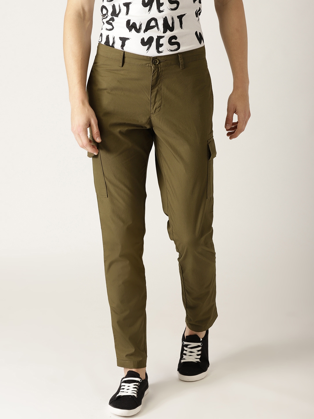Buy United Colors Of Benetton Men Olive Green Tapered Fit Solid Cargos ...