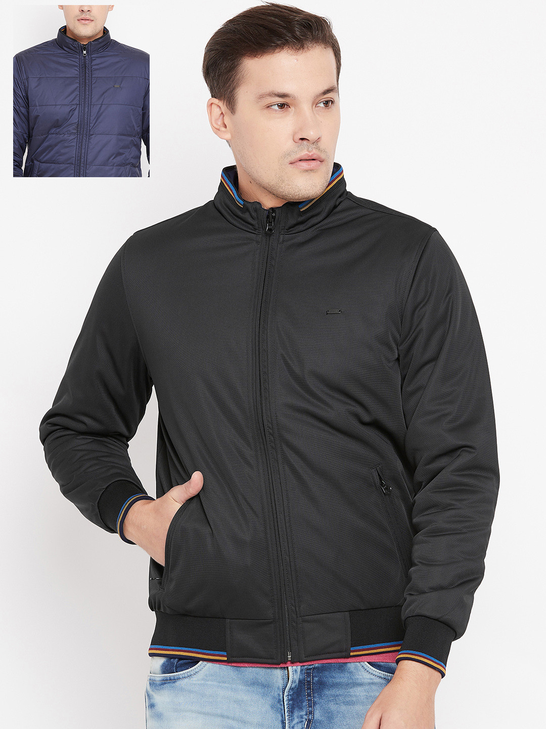 Buy Peter England Men Black & Navy Blue Solid Reversible Bomber Jacket