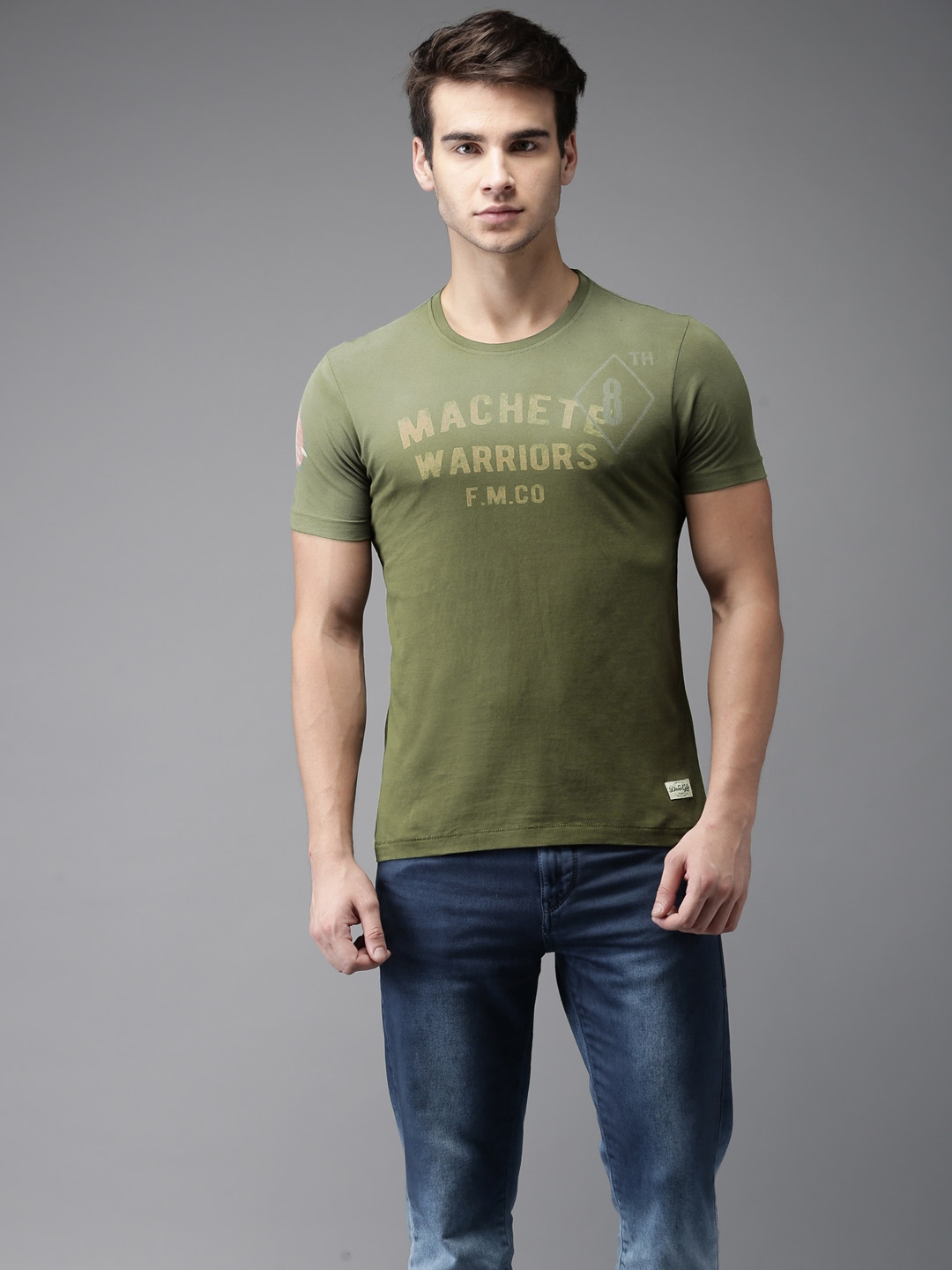 Buy Flying Machine Men Olive Green Printed Round Neck Pure Cotton T ...