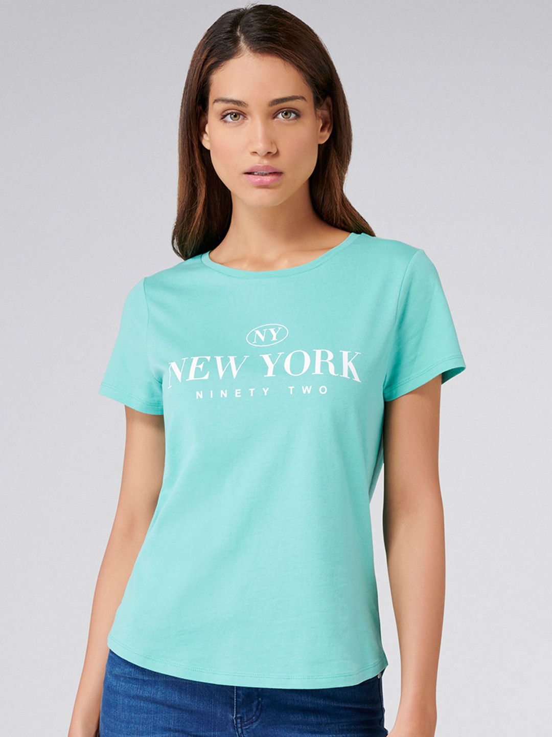 Buy Forever New Women Turquoise Blue Printed Round Neck T Shirt
