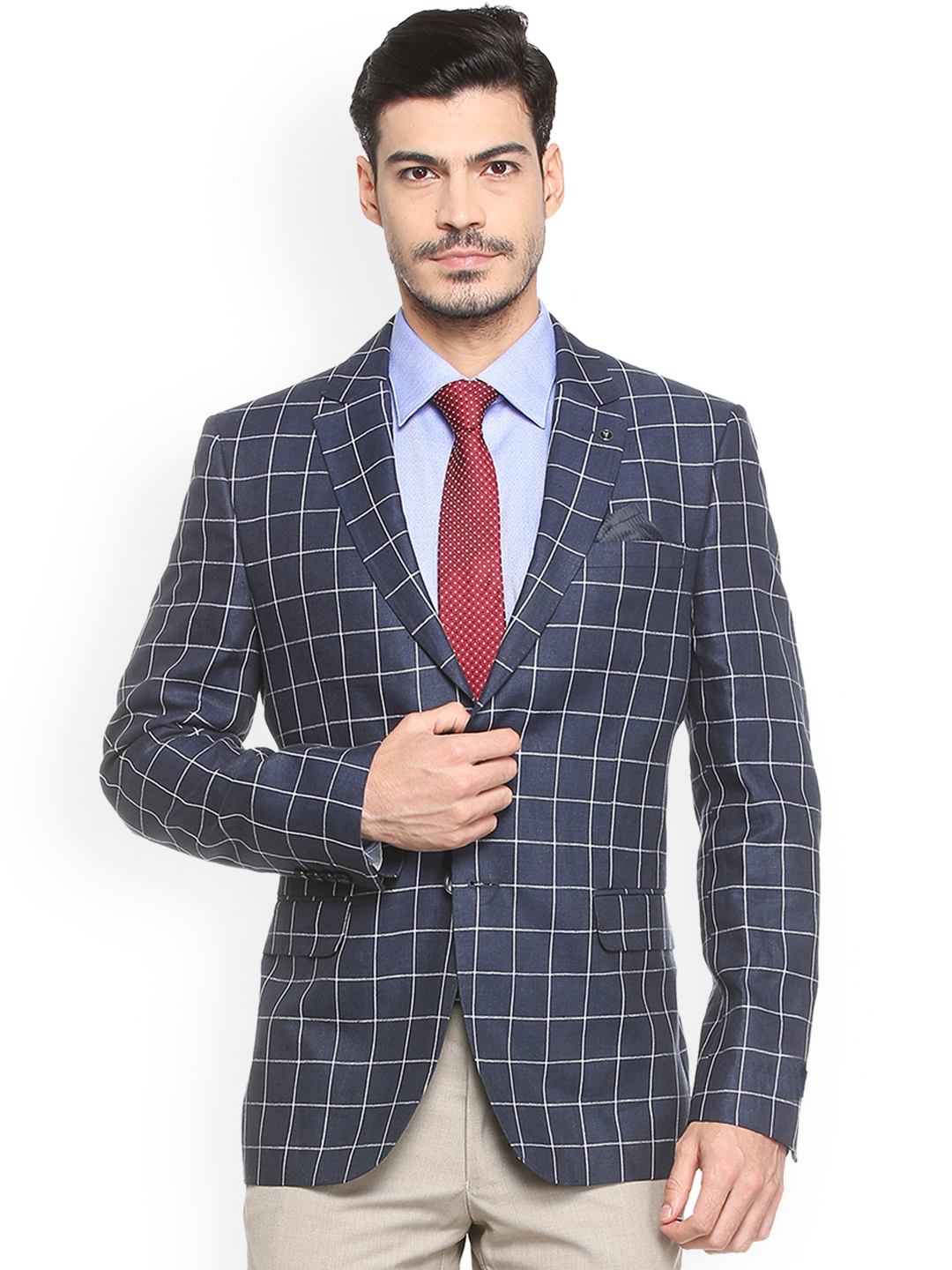 Buy Van Heusen Men Blue & White Checked Slim Fit Single Breasted Formal ...