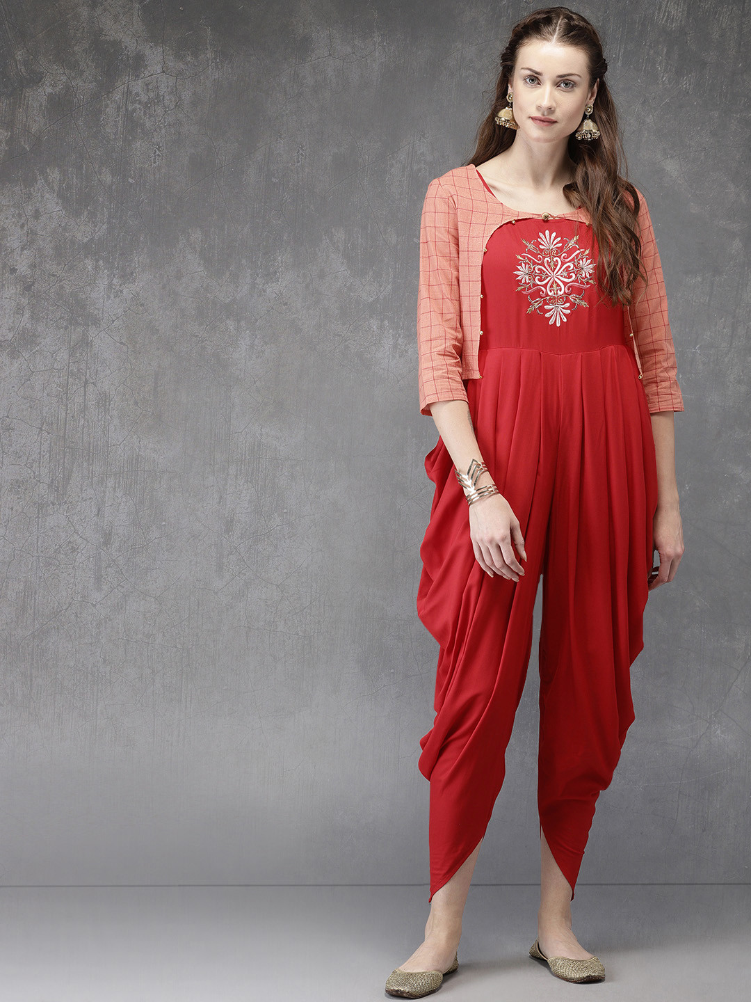 Buy Anouk Red Coloured Embroidered Ethnic Jumpsuit With Peach Coloured