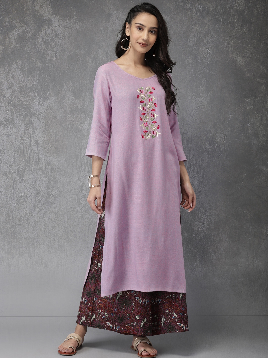 Buy Anouk Women Purple Embroidered Kurta With Printed Palazzos Kurta Sets For Women 7185701