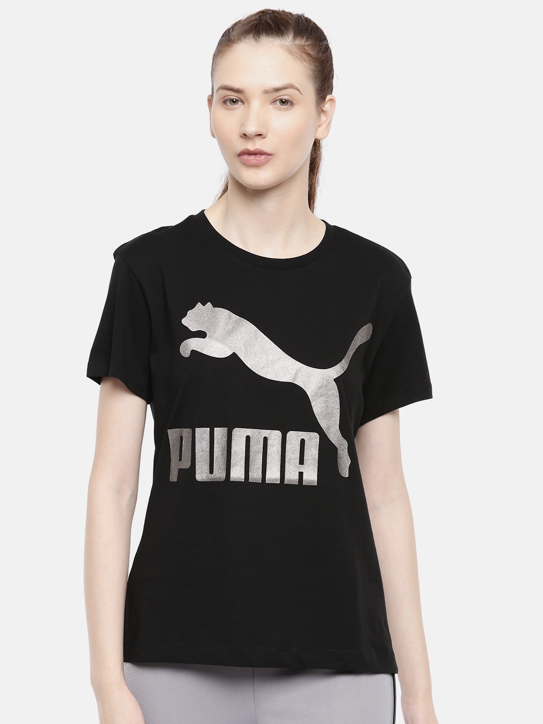Buy Puma Women Black Classics Logo Printed Sports Pure Cotton T Shirt ...