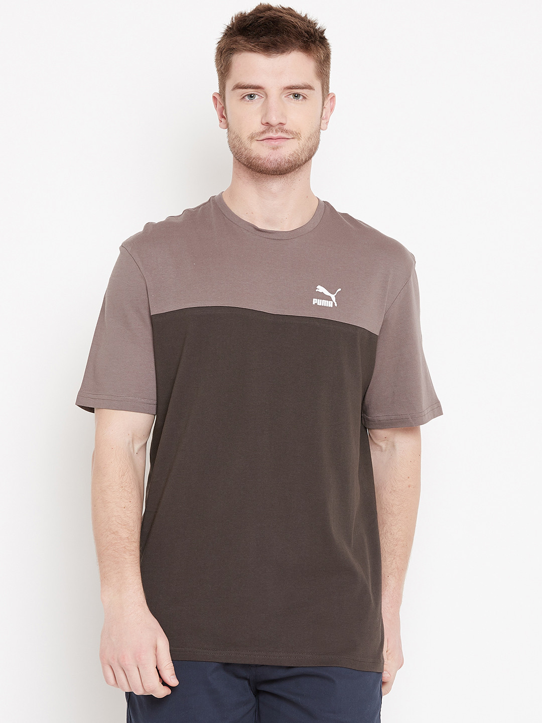 Buy Puma Men Coffee Brown Taupe Retro Colourblocked Pure Cotton T Shirt