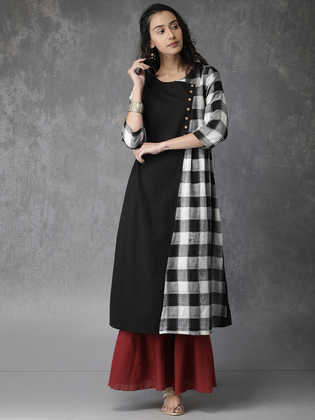 Buy Anouk Women Black & White Checked A Line Kurta Kurtas for Women