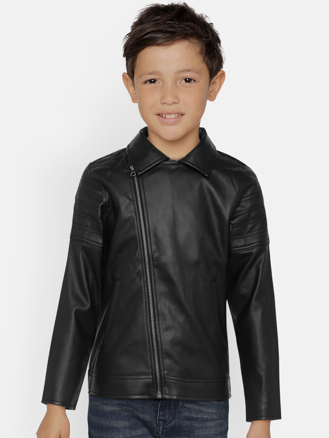 Buy United Colors Of Benetton Boys Black Solid Biker Jacket - Jackets ...