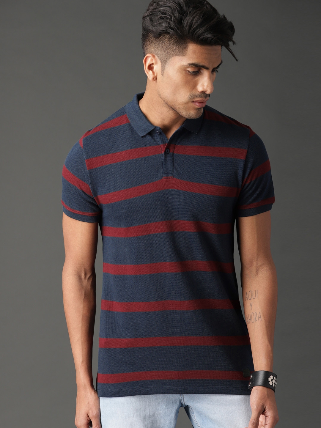 Buy Roadster Men Navy Blue Maroon Striped Polo Pure Cotton T Shirt ...