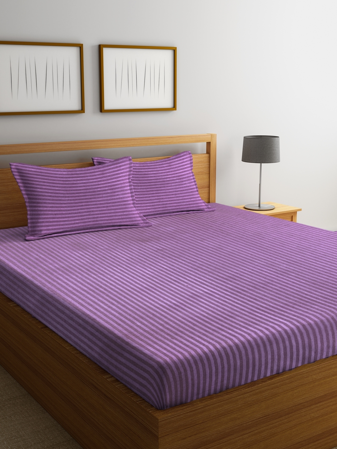 Buy BIANCA Purple Striped Flat 210 TC Cotton 1 Double Bedsheet With 2 Pillow Covers Bedsheets