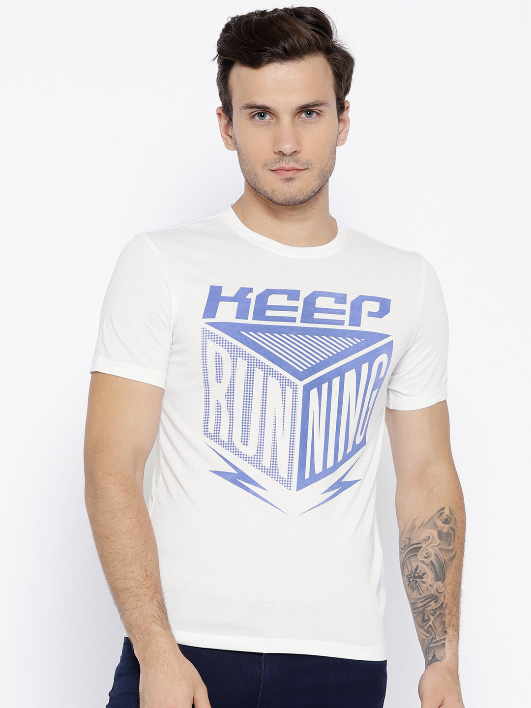 Buy Peter England Men White & Blue Printed Round Neck T Shirt Tshirts