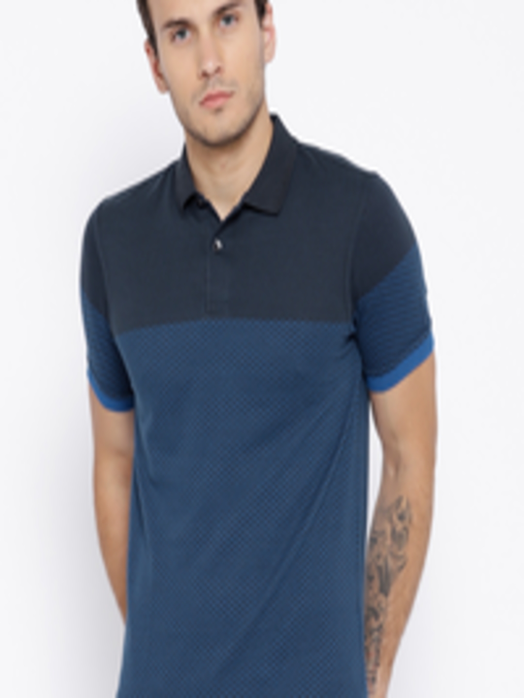 Buy Peter England Men Blue Self Design Polo Collar T Shirt - Tshirts ...
