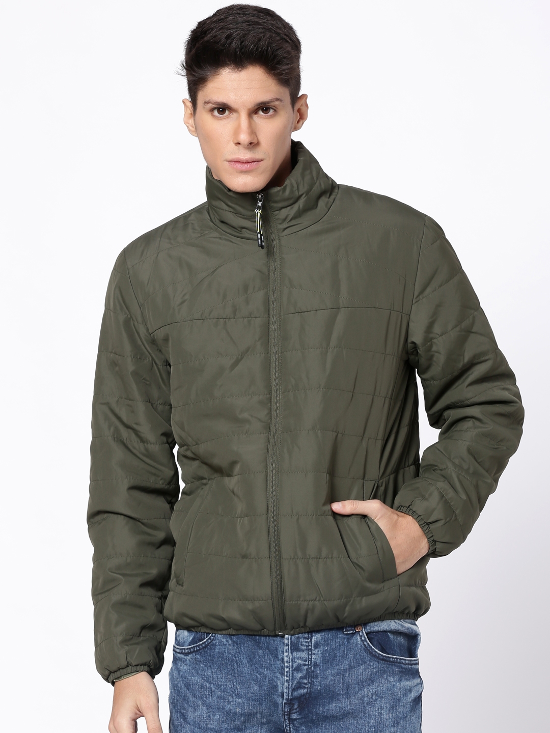 Buy ONLY & SONS Men Olive Green Solid Puffer Jacket - Jackets for Men ...