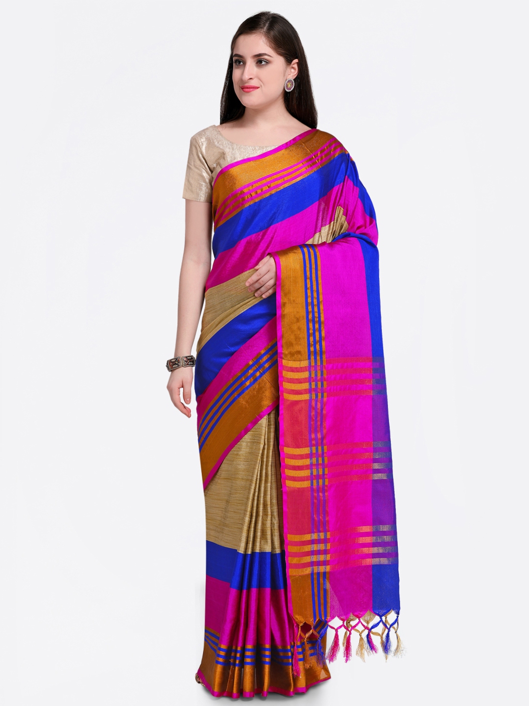 Buy Satrani Beige & Pink Poly Silk Woven Design Saree - Sarees for ...