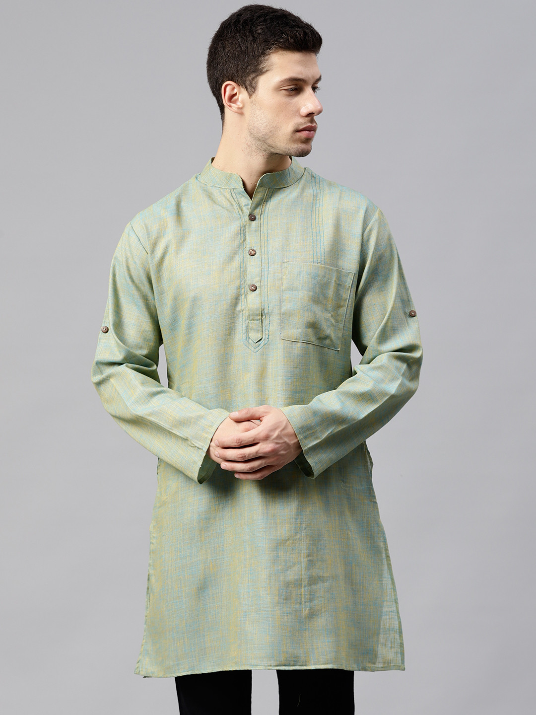 Buy Shree Men Blue & Mustard Dual Toned Straight Kurta Kurtas for Men