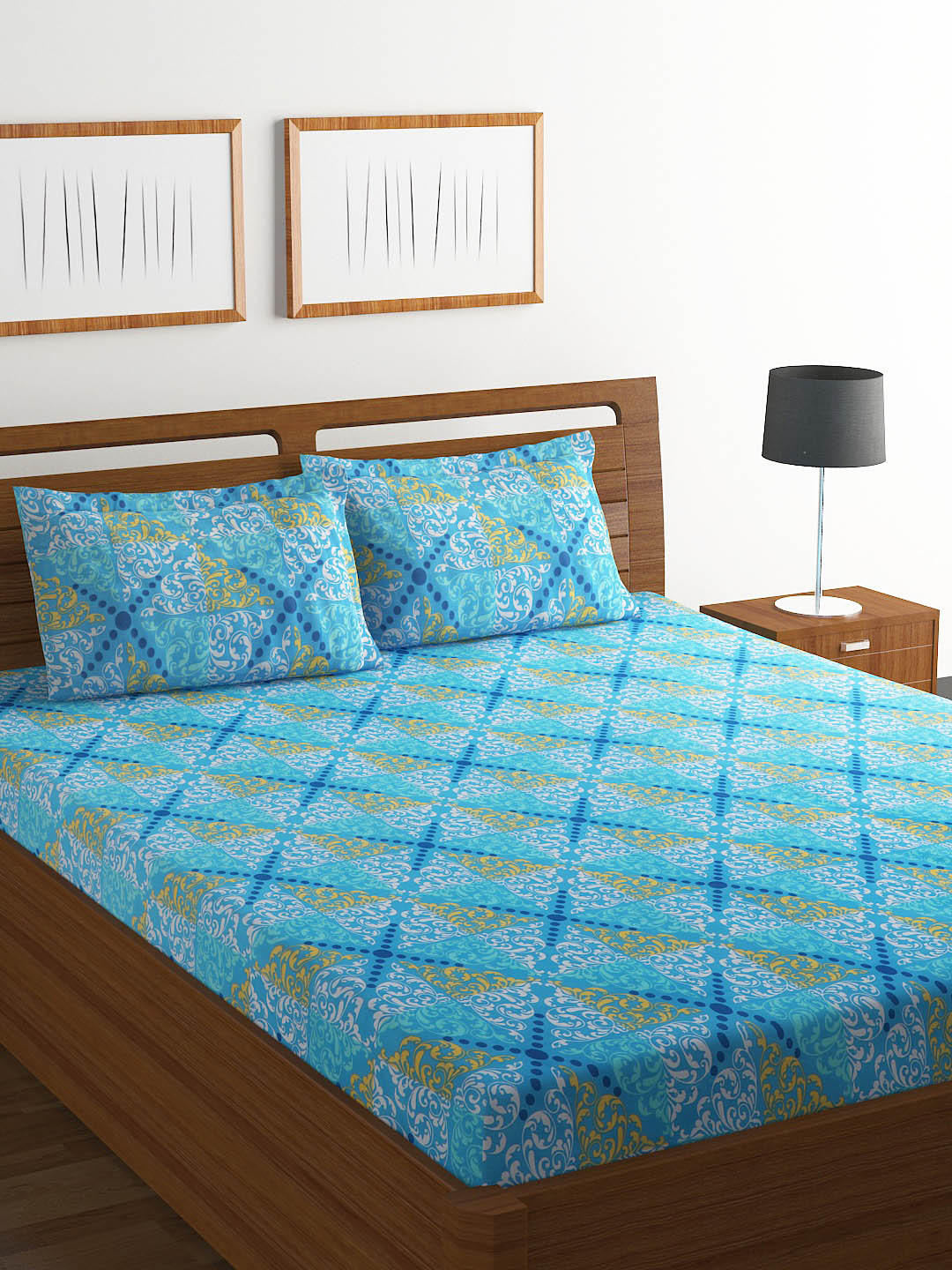 Buy BOMBAY DYEING Blue Ethnic Motifs Flat 104 TC Cotton 1 Double