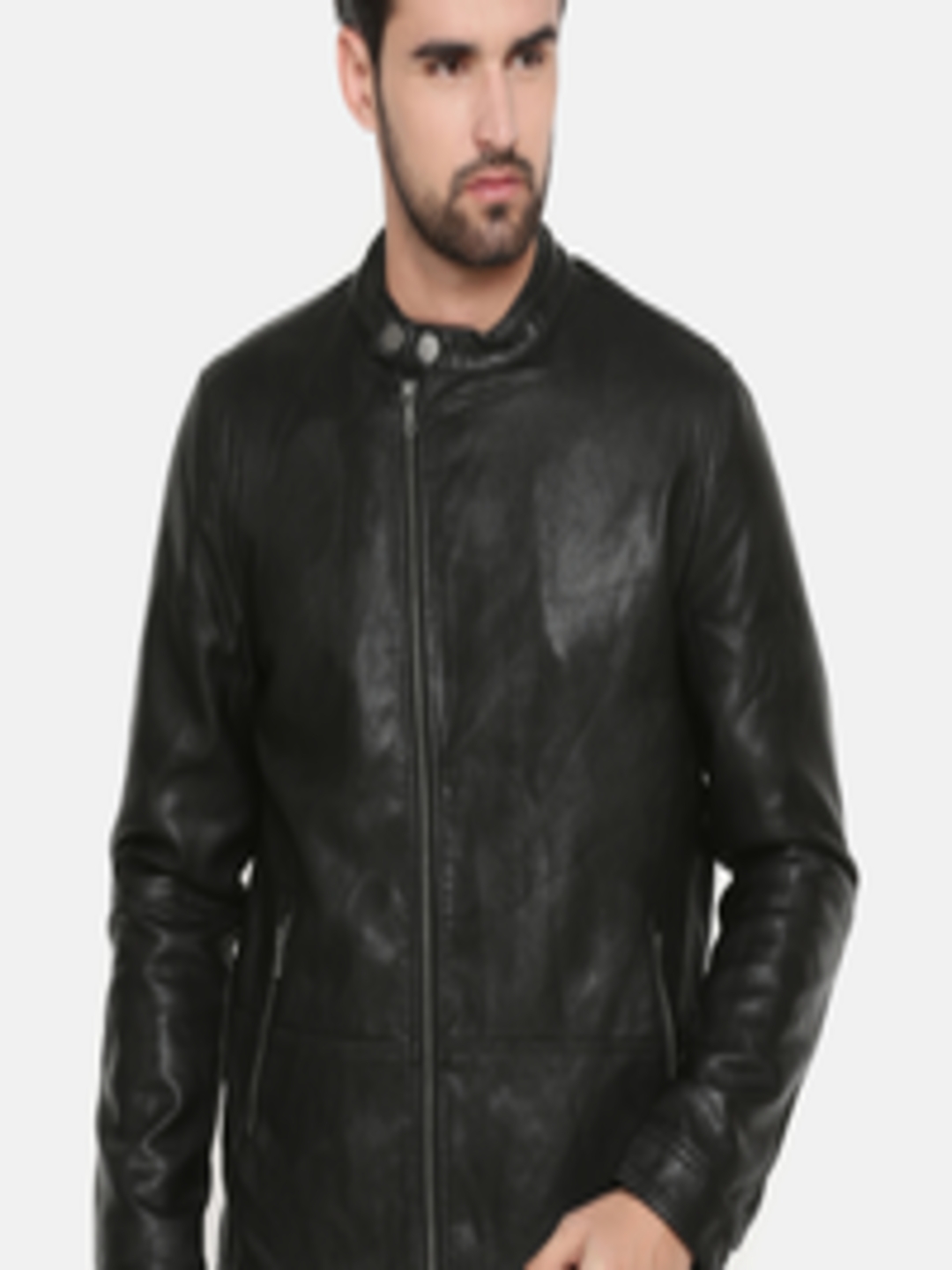 Buy Indian Terrain Men Black Solid Biker Jacket - Jackets for Men ...