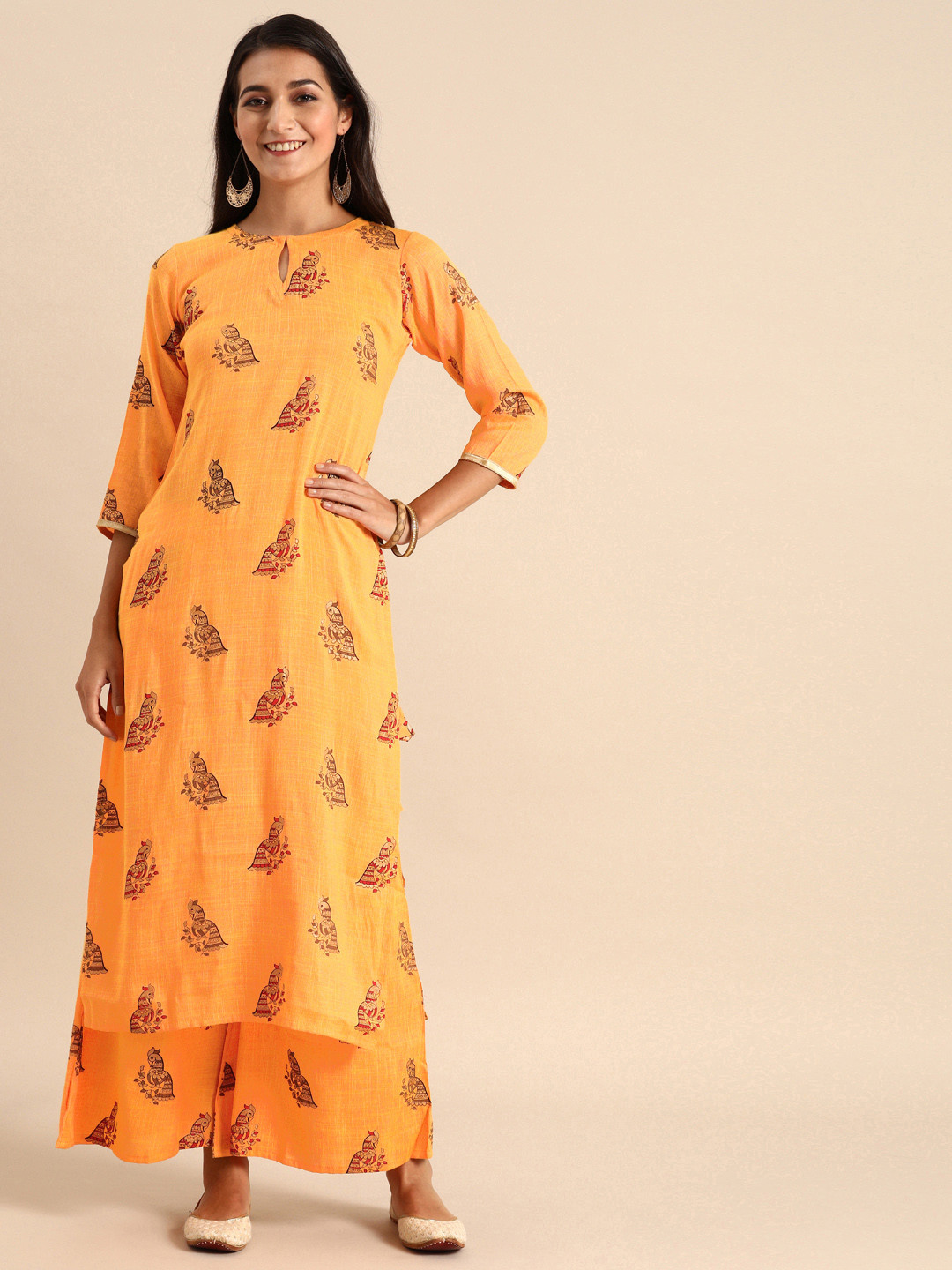 Orange Printed Kurta With Palazzo