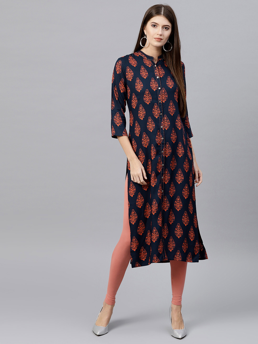 Buy GERUA Women Navy Blue & Orange Printed Straight Kurta Kurtas for Women 7213233 Myntra