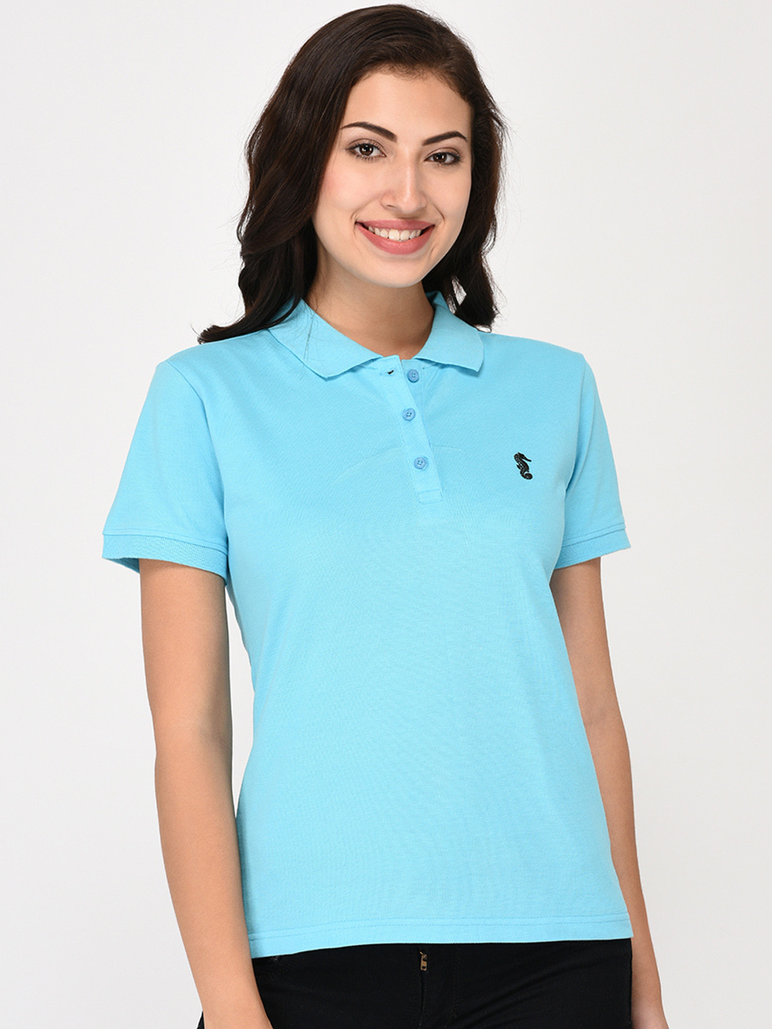 Buy UNITED CLASSIC Women Turquoise Blue Solid Polo Collar T Shirt