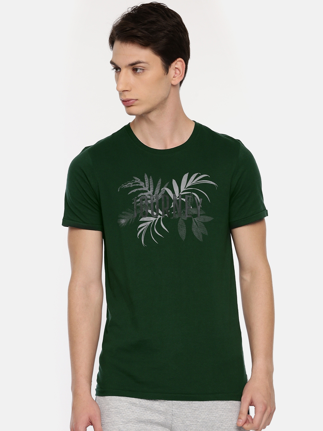 Buy Jack Jones Men Green Printed Round Neck Pure Cotton T Shirt ...