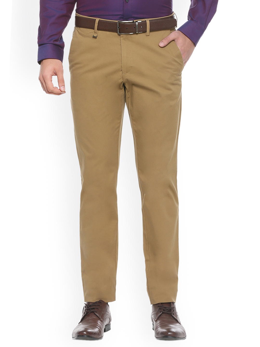 Buy Van Heusen Men Khaki Slim Fit Self Design Formal Trousers ...