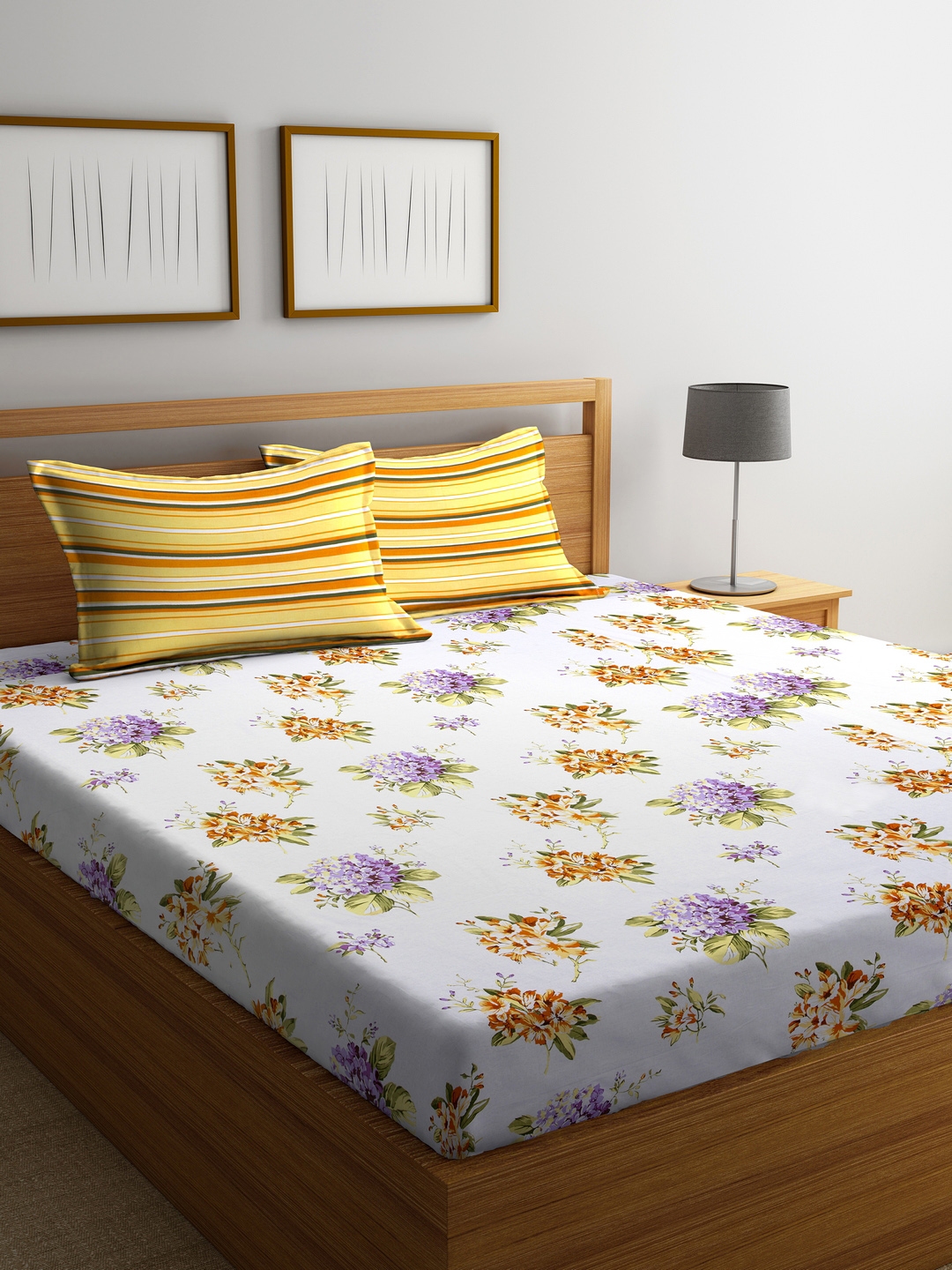 Buy BLUSH White Floral Flat 144 TC Cotton 1 King Bedsheet With 2 Pillow