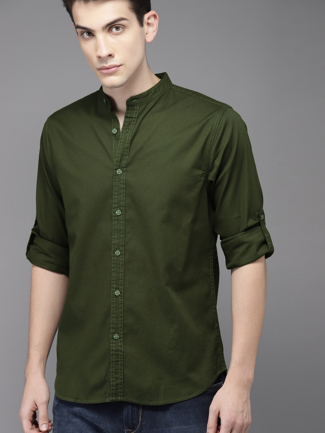 Buy HERE&NOW Men Olive Green Regular Fit Solid Casual Shirt Shirts