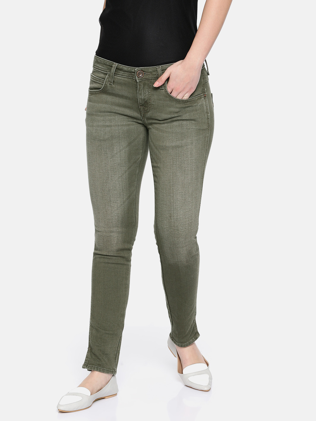 Buy Wrangler Women Green Coloured Skinny Fit Low Rise Clean Look