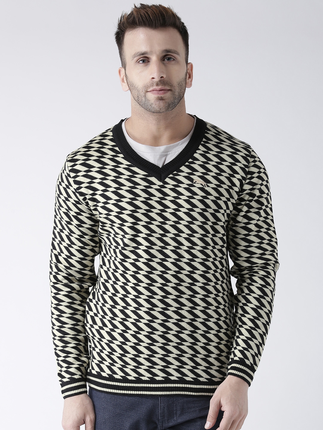 Buy JUMP USA Men Black & Beige Self Design Pullover - Sweaters for Men ...