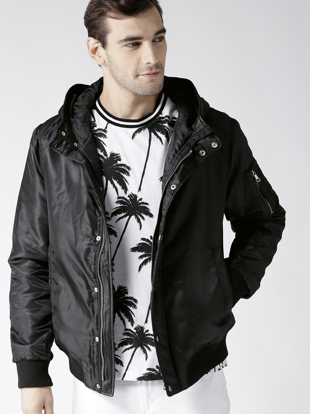 Buy FOREVER 21 Men Black Solid Hooded Bomber Jacket Jackets for Men