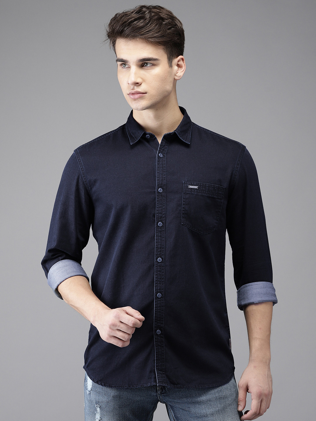 Buy Flying Machine Men Navy Blue Regular Fit Solid Casual Denim Shirt ...