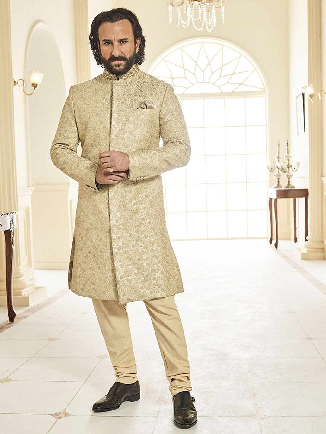 House of Pataudi Men Cream Embroidered Jacquard Sherwani with Solid Kurta & Churidar