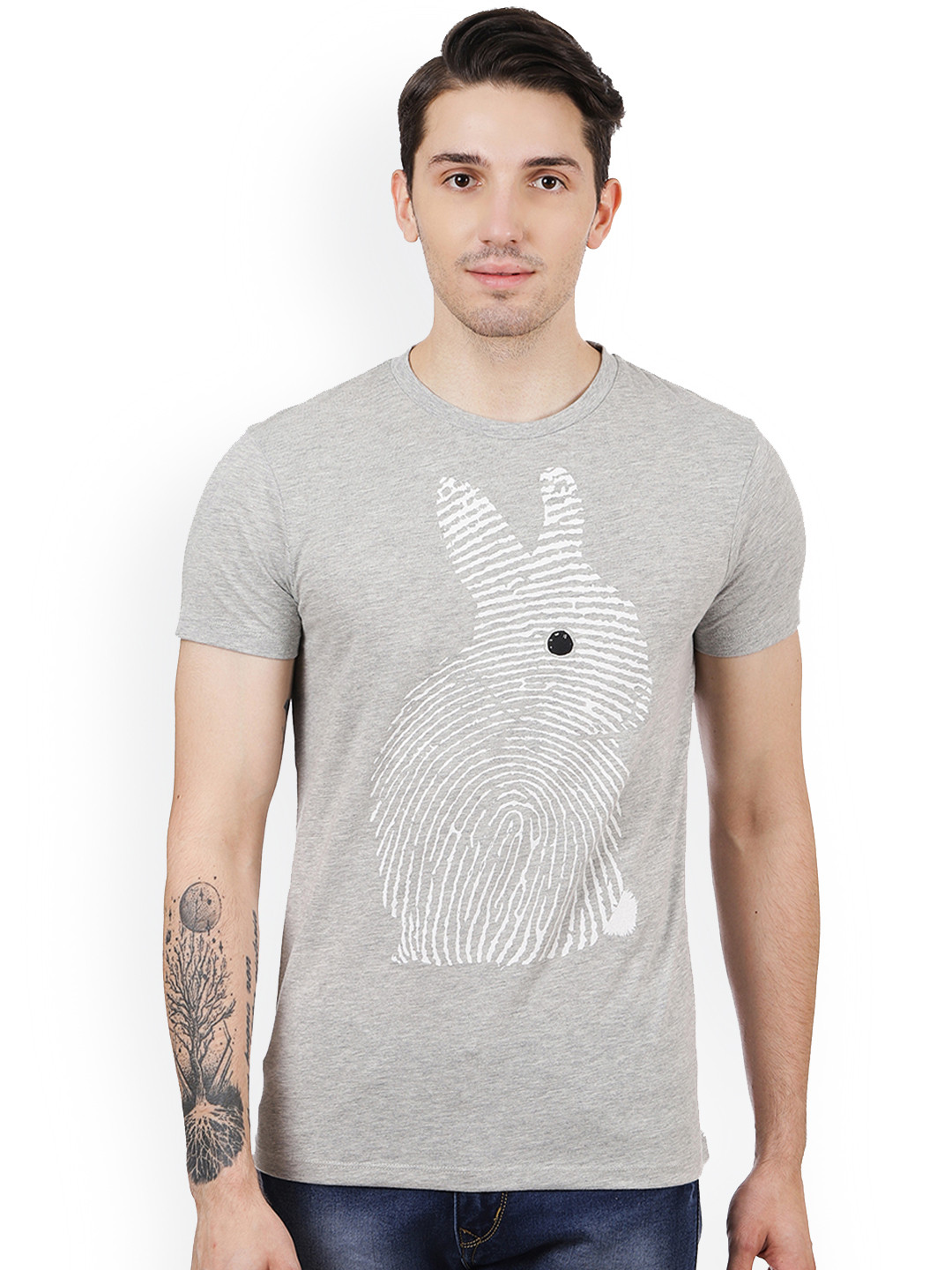 Download Buy Free Authority Men Grey Melange Printed T Shirt ...