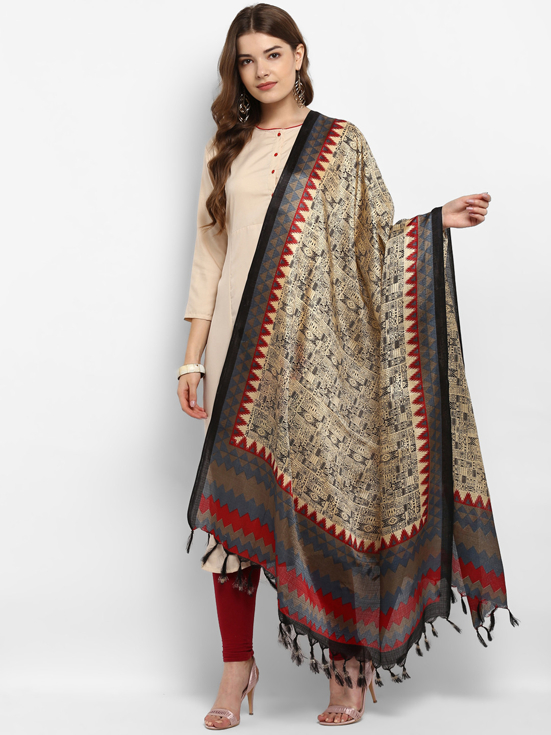 Cream Printed Silk Dupatta main image 0