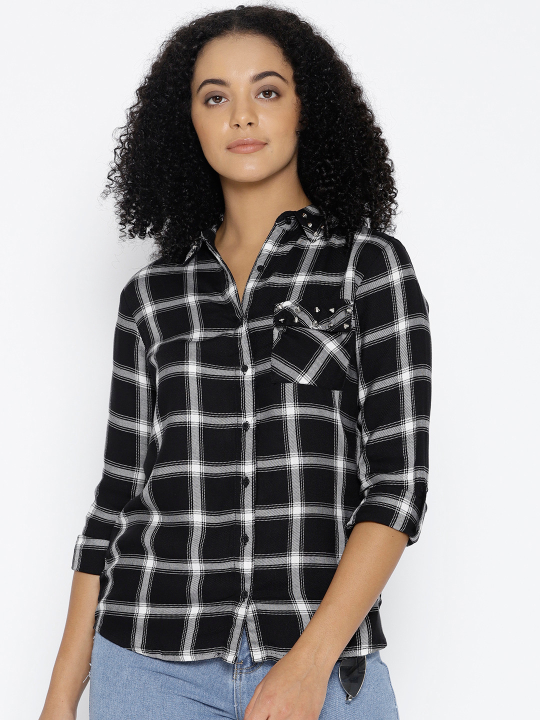 Buy Lee Cooper Women Black & White Regular Fit Checked Casual Shirt - Shirts for Women 7236219 