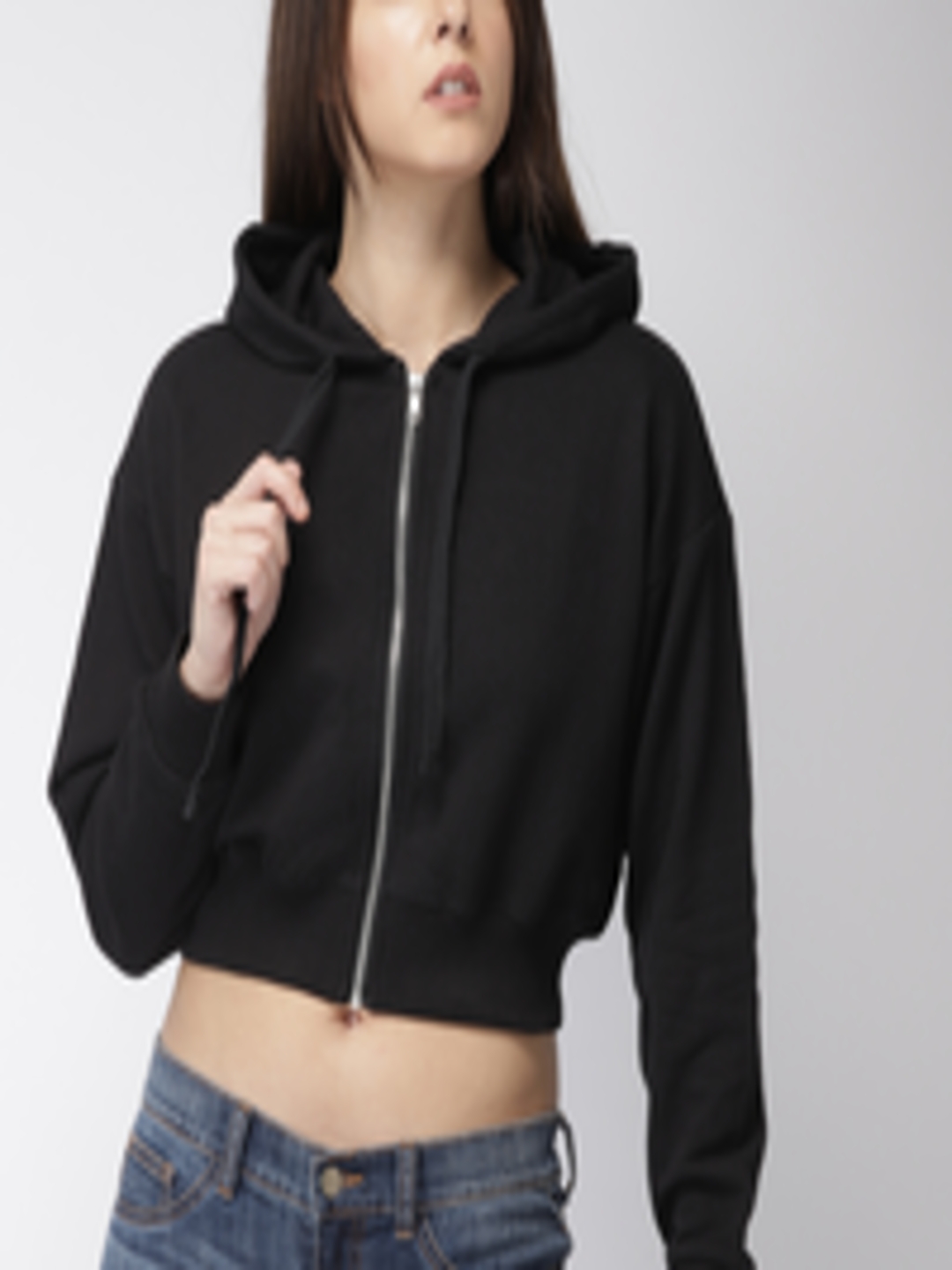 Buy FOREVER 21 Women Black Solid Hooded Crop Sweatshirt - Sweatshirts ...