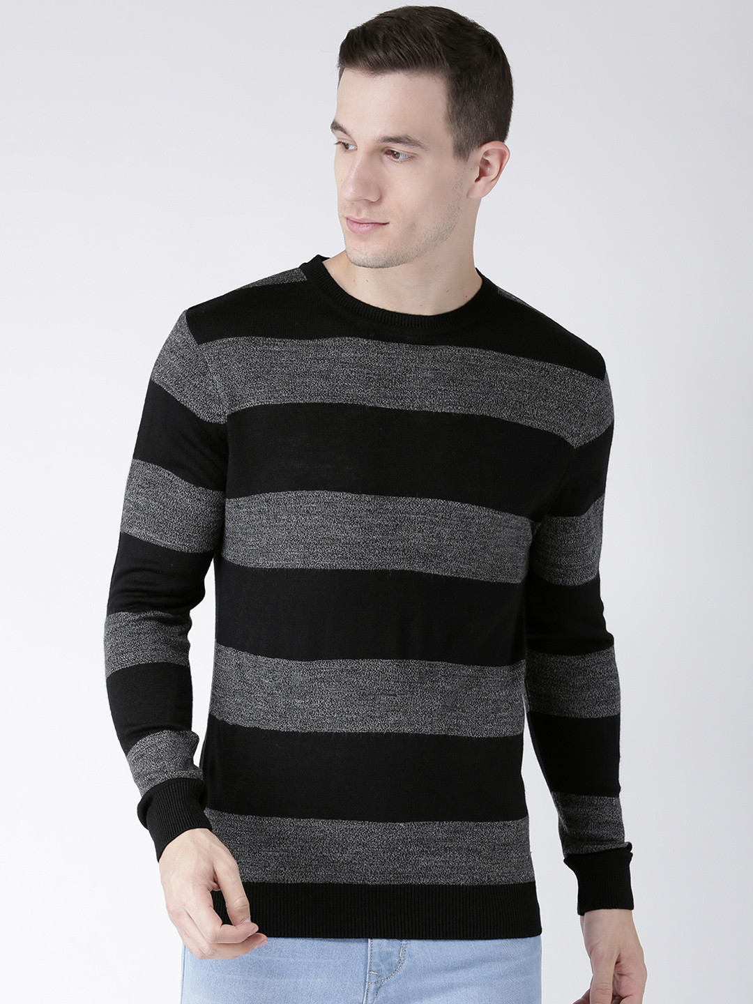 Buy Club York Men Black & Grey Striped Pullover Sweaters for Men