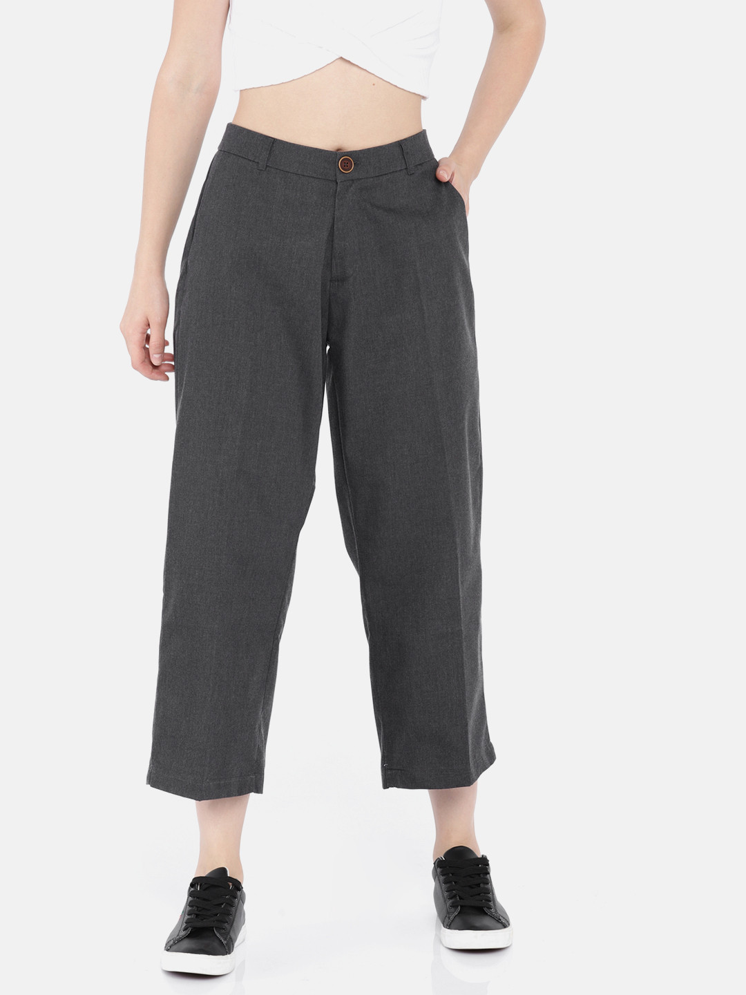 Buy People Women Grey Regular Fit Solid Cropped Trousers Trousers for