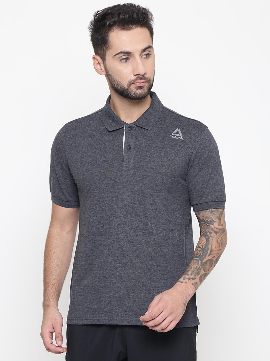 Buy Reebok Men Charcoal Grey Core Solid Polo Collar Training T Shirt ...