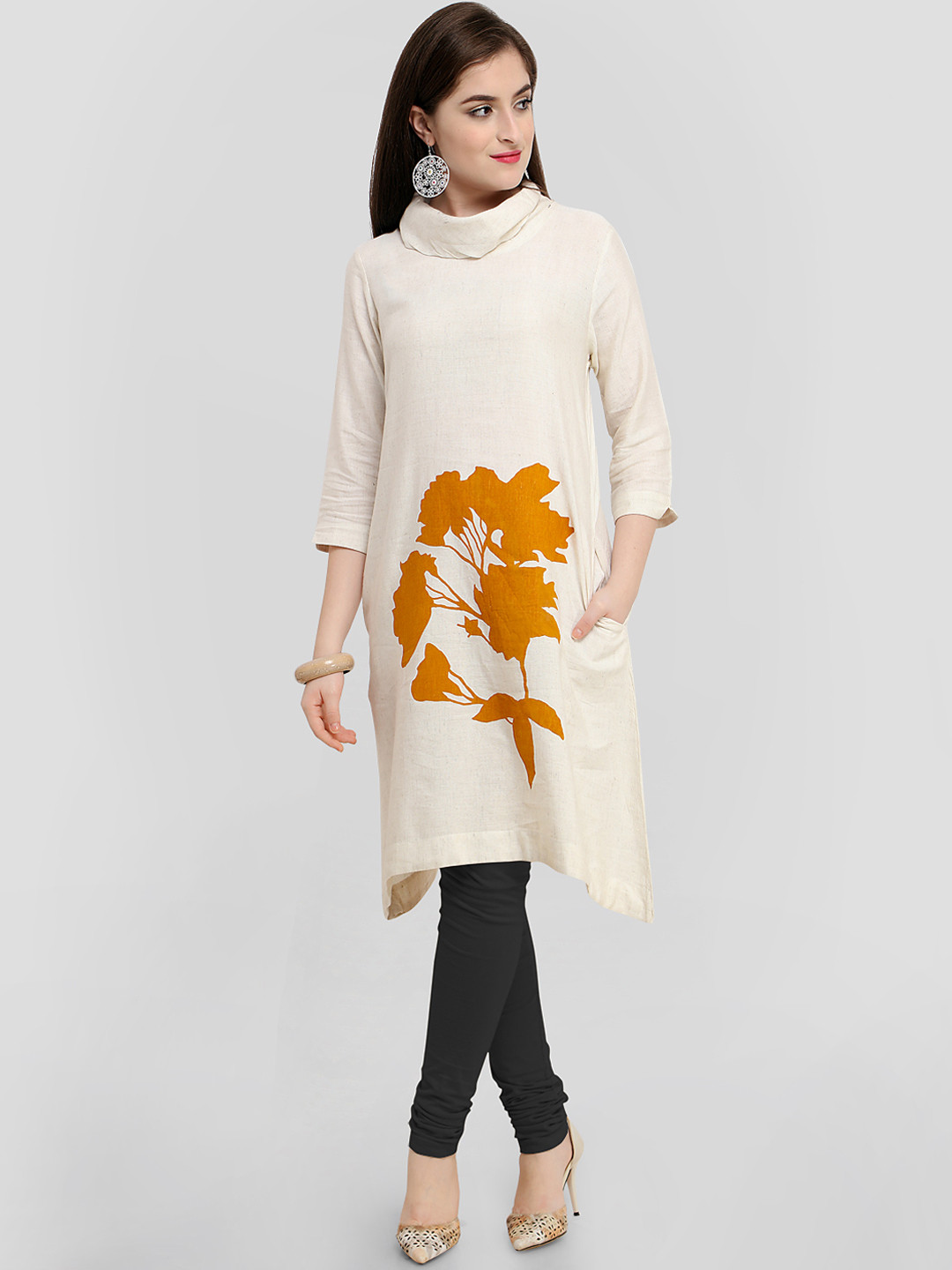 Buy RAISIN Women Cream Coloured Solid A Line Kurta Kurtas for Women