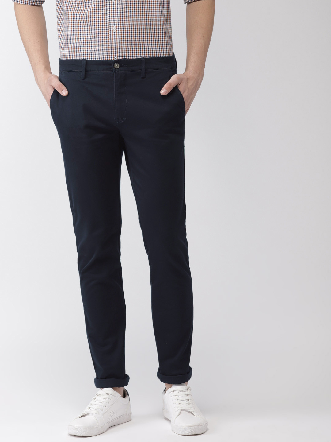 Buy Arrow Sport Men Navy Blue Slim Fit Solid Regular Trousers ...