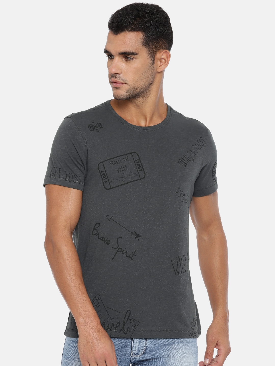 Buy SPYKAR Men Charcoal Grey Printed T Shirt - Tshirts for Men 7250849 ...