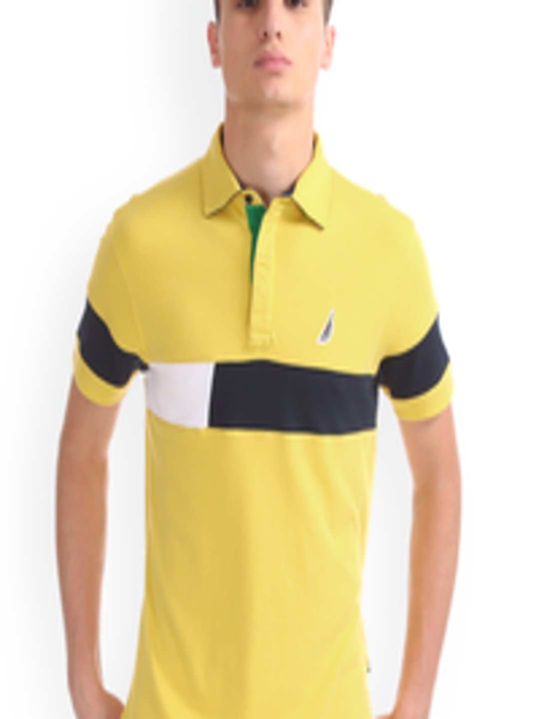 Buy Nautica Men Yellow Navy Colourblocked Polo Collar Pure Cotton T ...