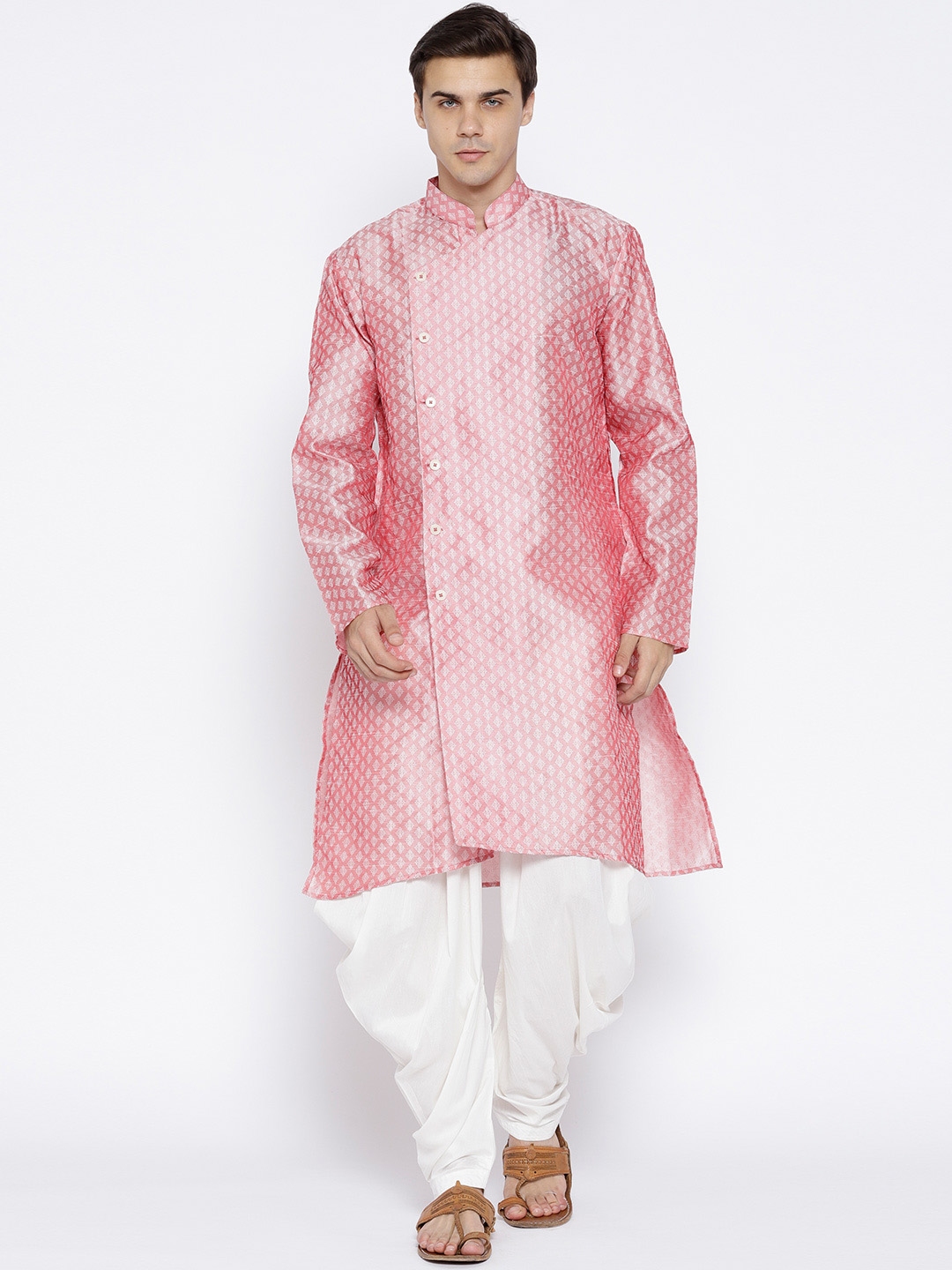 Buy Chitwan Mohan Men Pink & White Handloom Self Design Kurta With ...