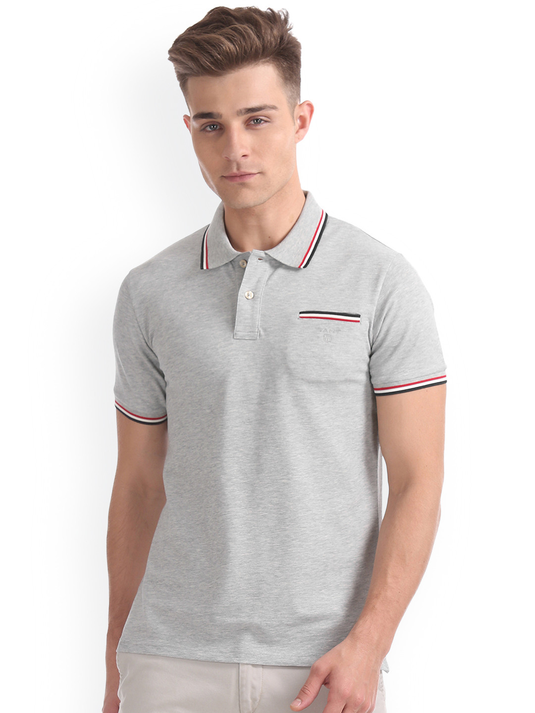 Buy GANT Men Grey Melange Solid Polo Collar T Shirt Tshirts for Men