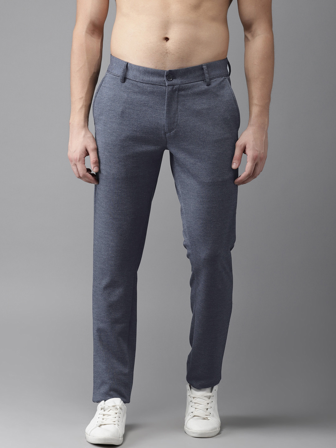 Buy Flying Machine Men Blue Slim Fit Self Design Regular Trousers ...