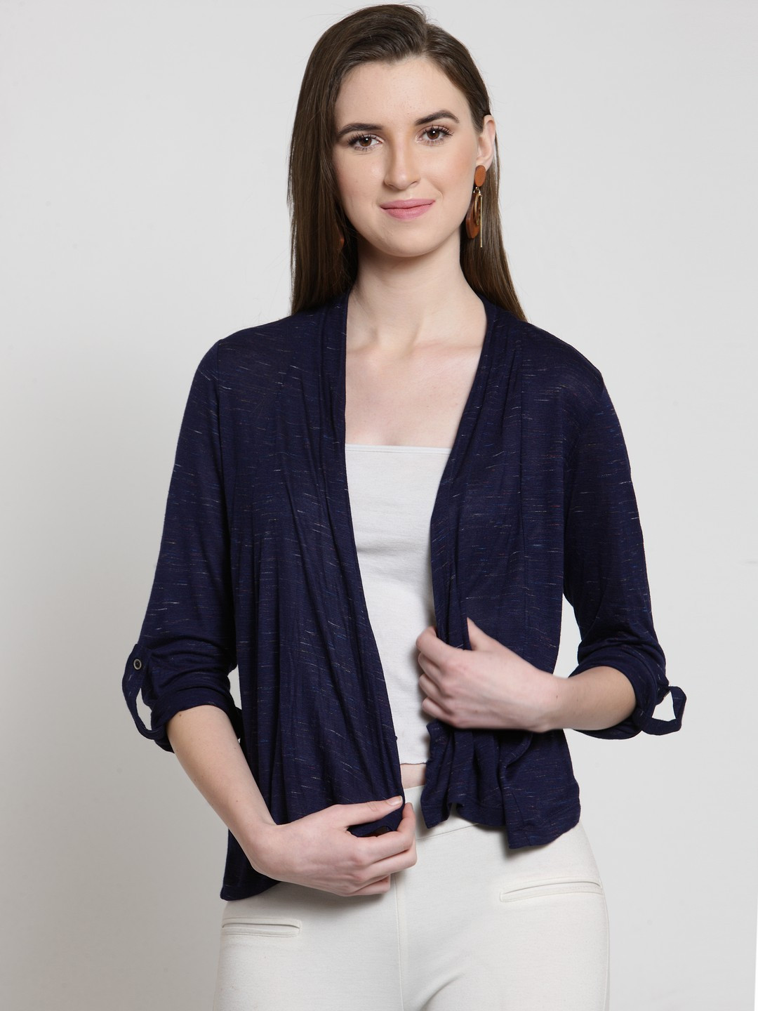 Buy Latin Quarters Navy Blue Solid Open Front Shrug Shrug for Women