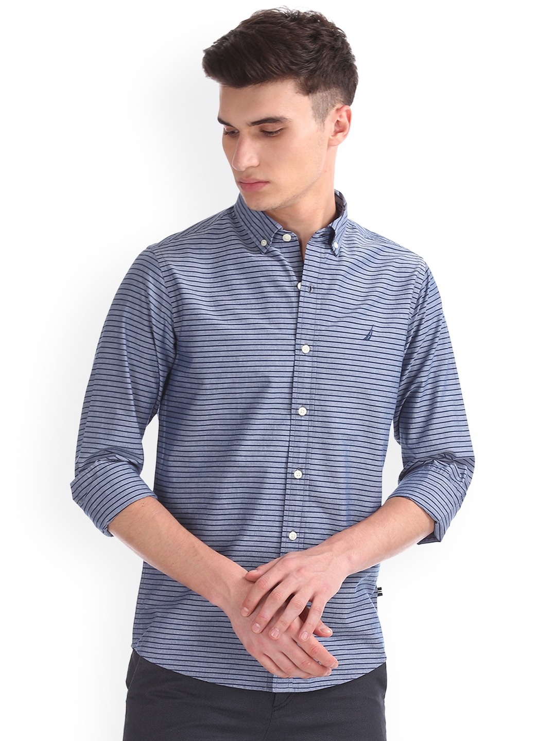Buy Nautica Men Blue Long Sleeve Horizontal Stripe Shirt - Shirts for ...